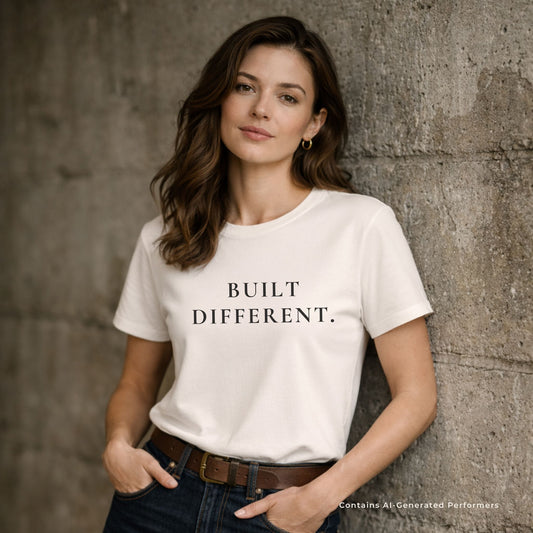 Woman wearing a Vintage White t-shirt with 'BUILT DIFFERENT.' text against a textured wall.