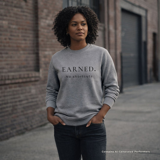 Woman wearing a gray crewneck sweatshirt with 'EARNED. No shortcuts' text, standing against a brick wall.