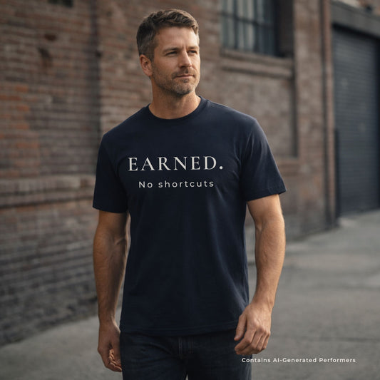 Man wearing a navy t-shirt with 'Earned. No shortcuts' text against a brick wall.