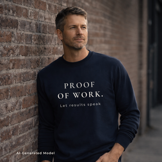 Man wearing a navy blue sweatshirt with 'PROOF OF WORK. Let results speak' text against a brick wall.