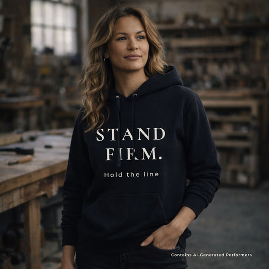Woman wearing a black hoodie with 'STAND FIRM. Hold the line' text in a workshop setting