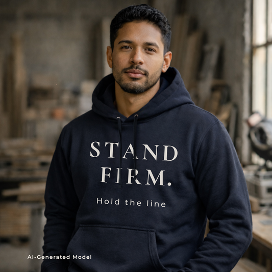 Man wearing a navy hoodie with 'STAND FIRM. Hold the line' text in a workshop setting.