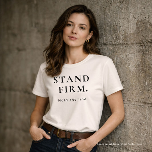 Woman wearing a Vintage White tee with "STAND FIRM. Hold the line" text leaning on a brick wall.