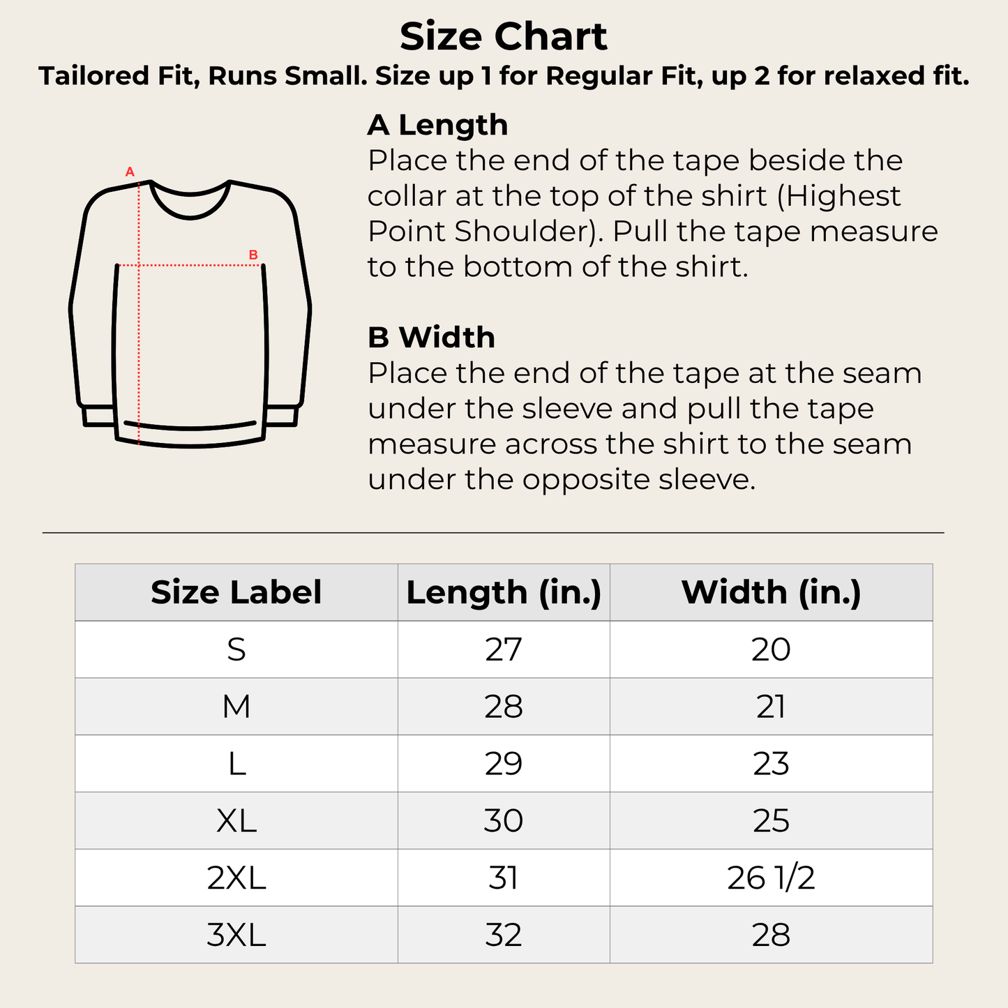 Size chart for shirts with measurement instructions and a diagram of a shirt.