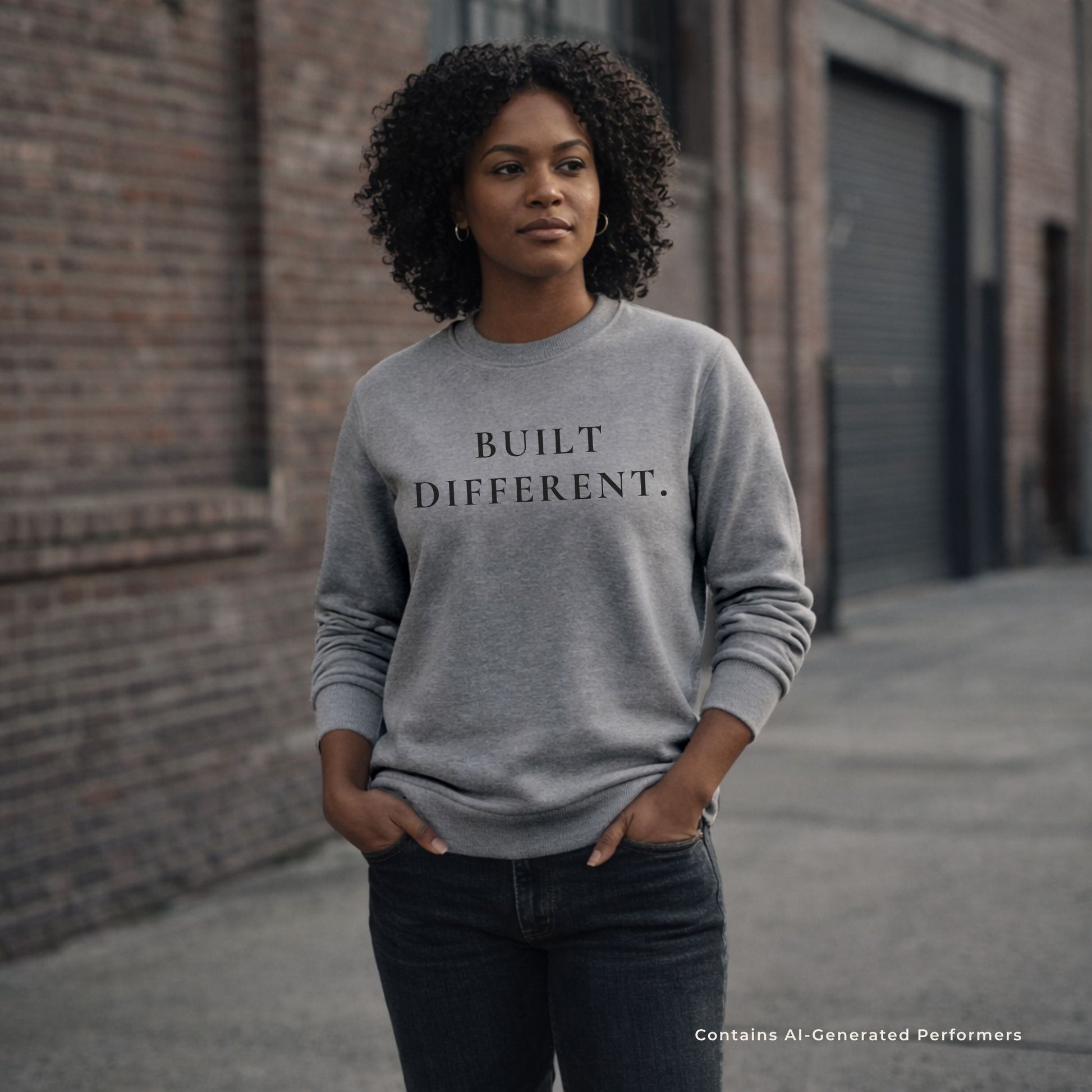 Woman wearing a gray crewneck sweatshirt with 'BUILT DIFFERENT.' text, standing against a brick wall.