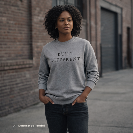 Woman wearing a gray crewneck sweatshirt with 'BUILT DIFFERENT.' text, standing against a brick wall.