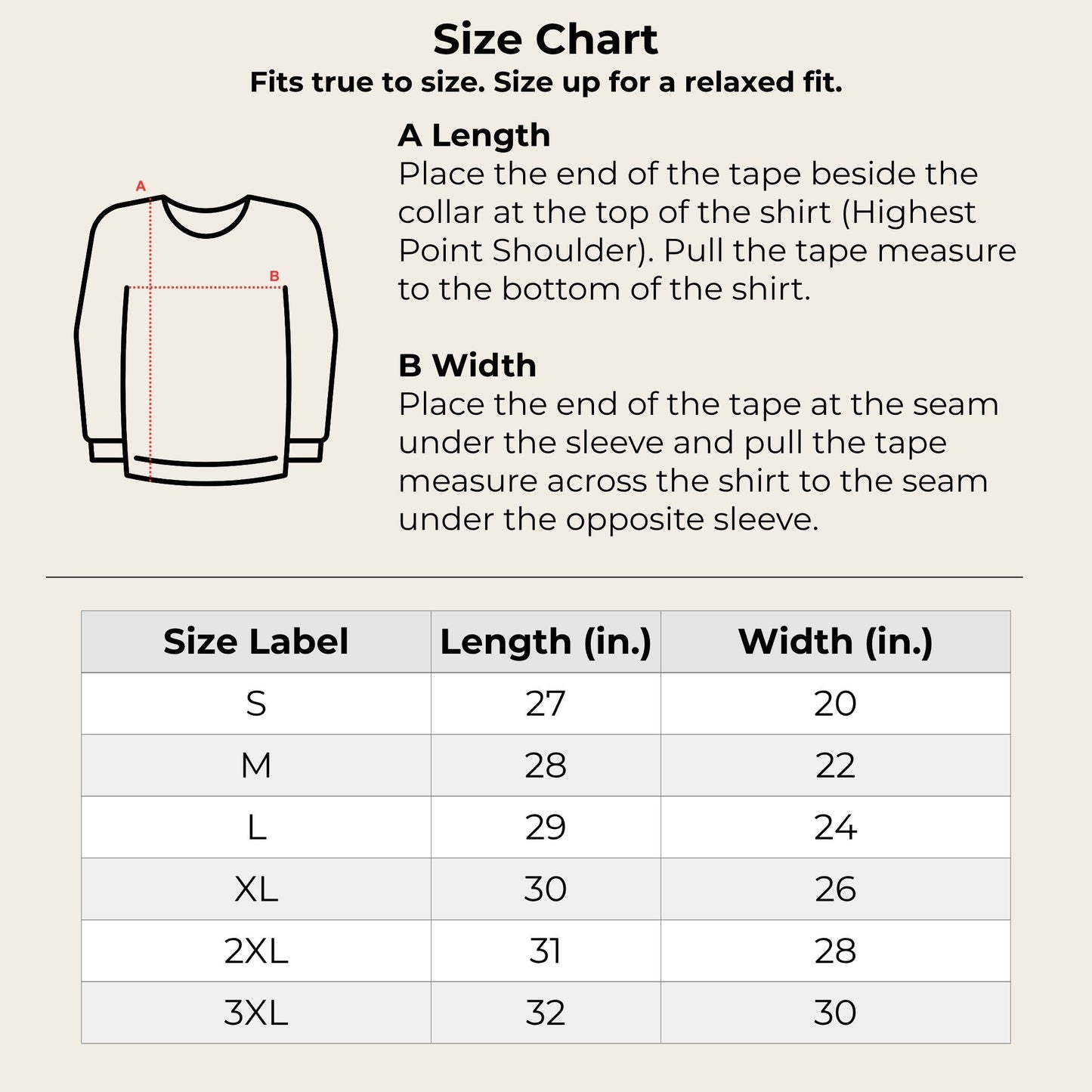 Size chart for shirts with measurement instructions and a table of size labels and dimensions.