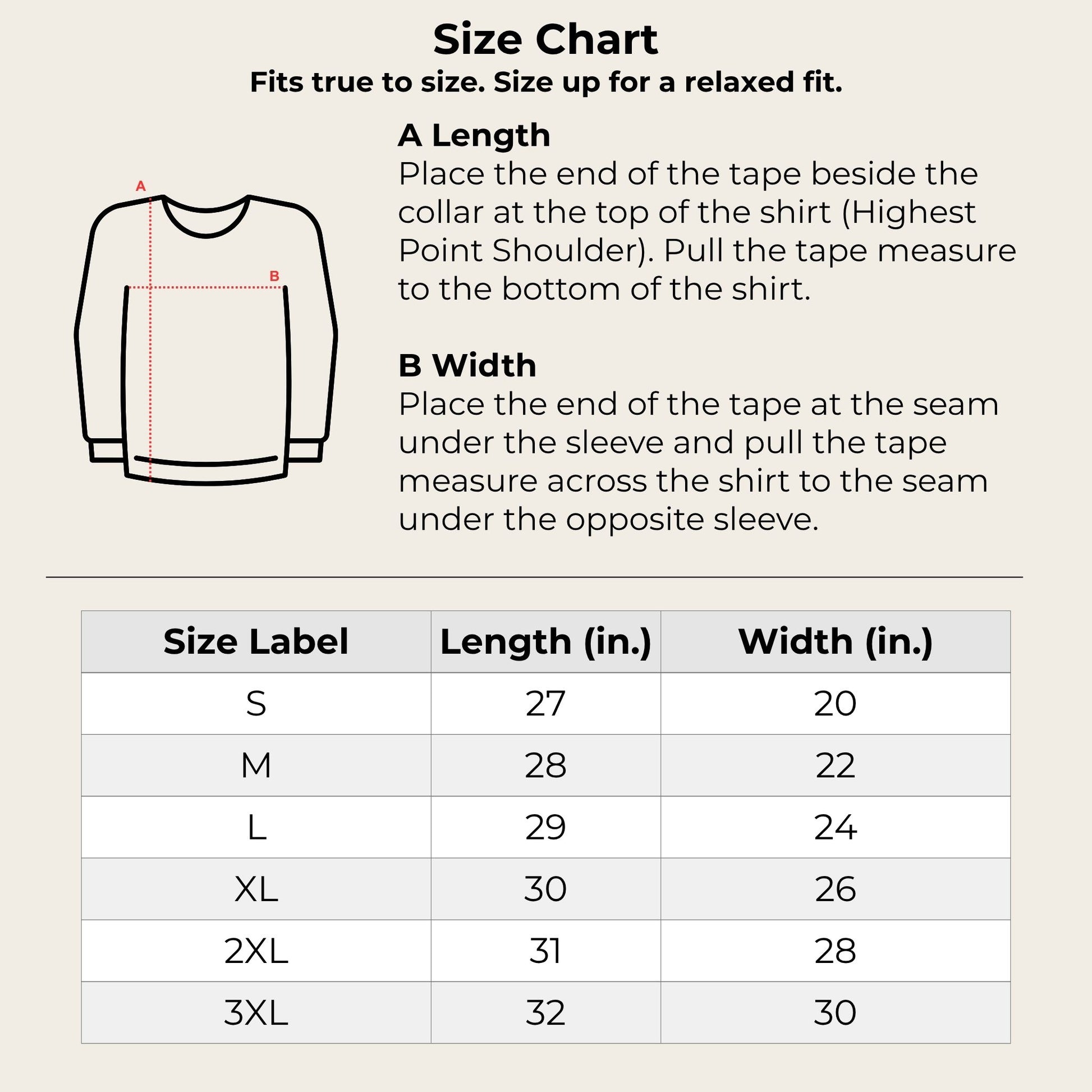 Size chart for shirts with measurement instructions and a table of size labels and dimensions.