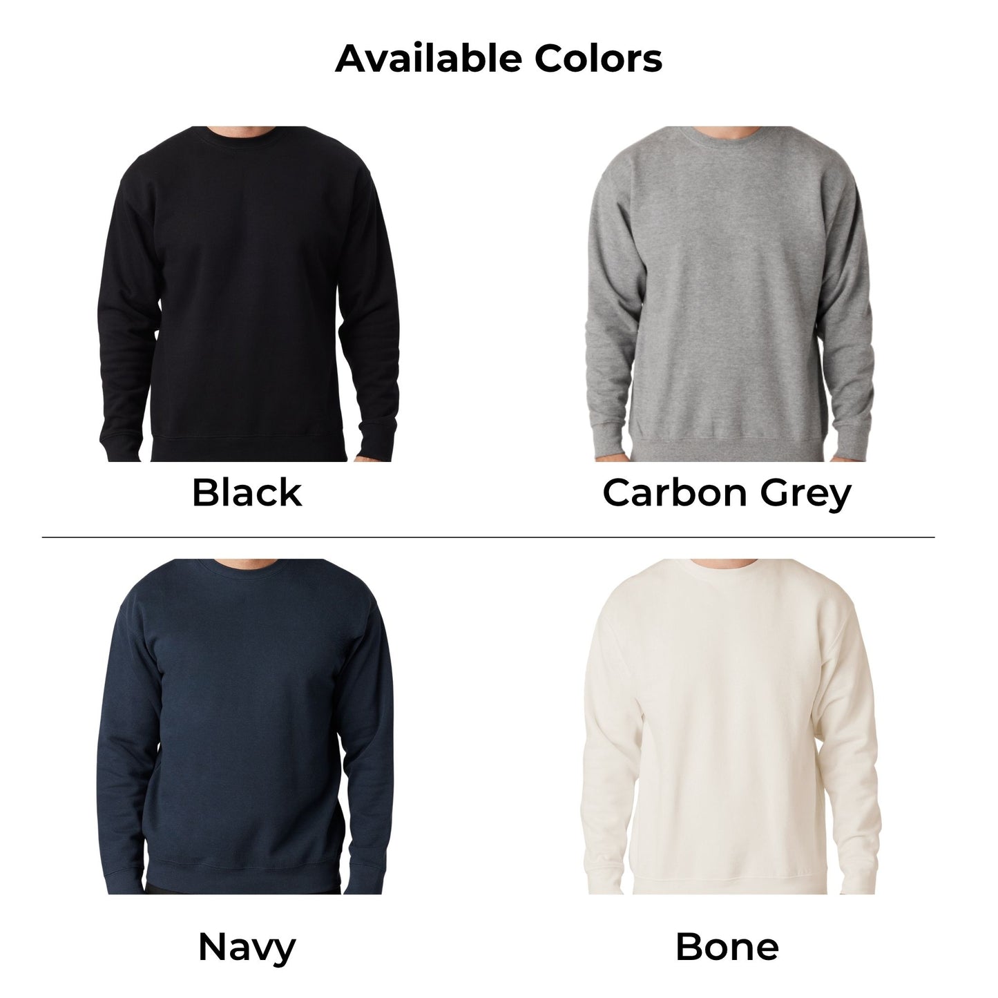 Four sweatshirts in black, carbon grey, navy, and bone color options on a white background.
