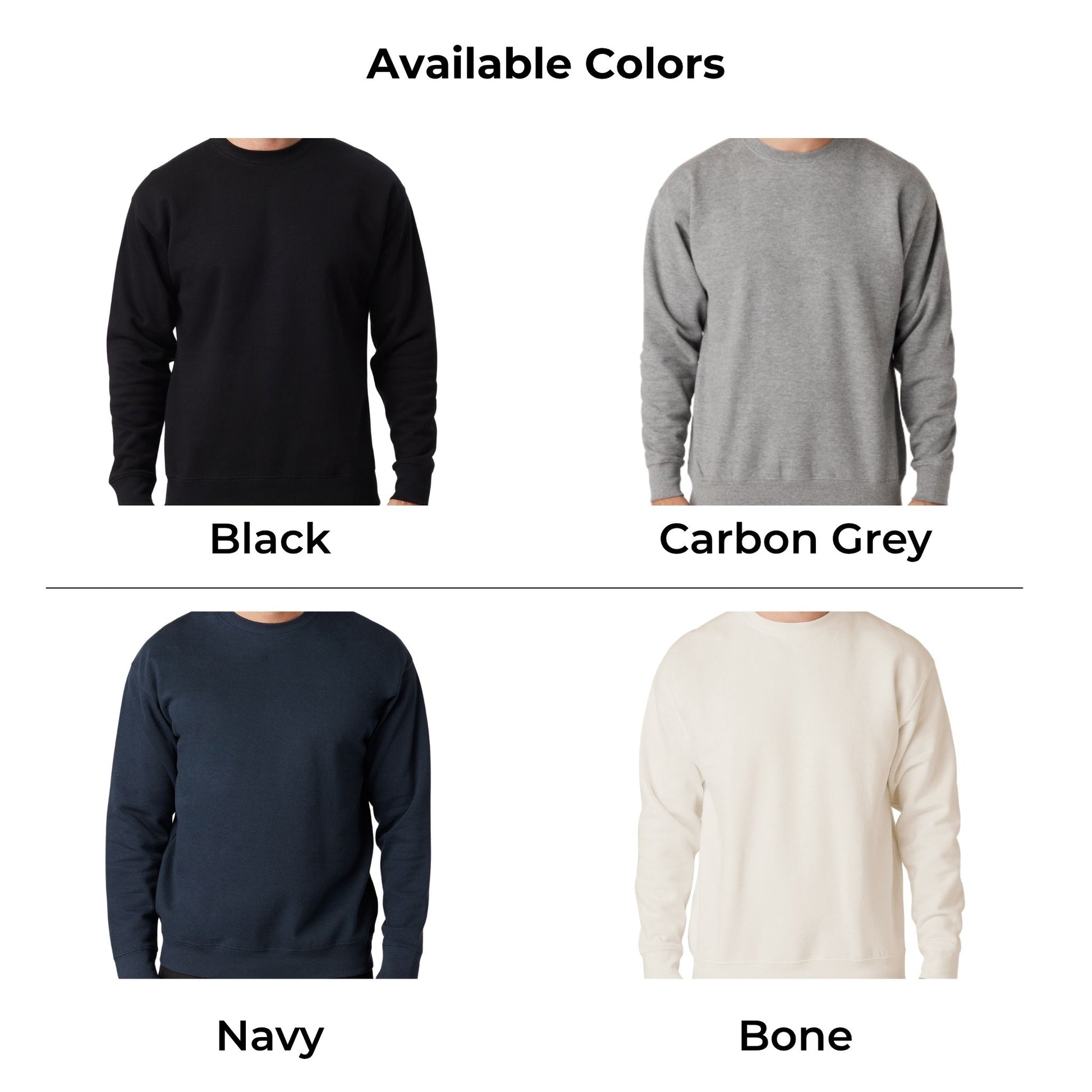 Four sweatshirts in black, carbon grey, navy, and bone color options on a white background.