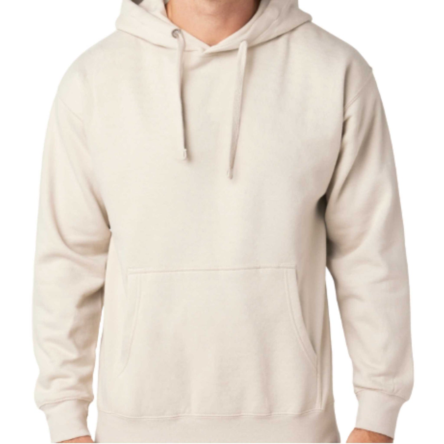 Bone colored hoodie worn by a person on a white background