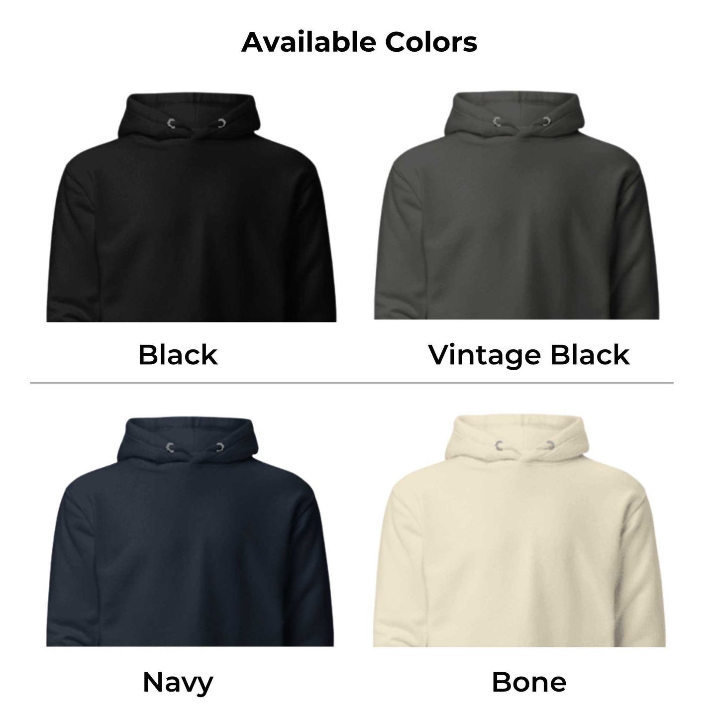 Four hoodies in black, vintage black, navy, and bone colors on a white background.