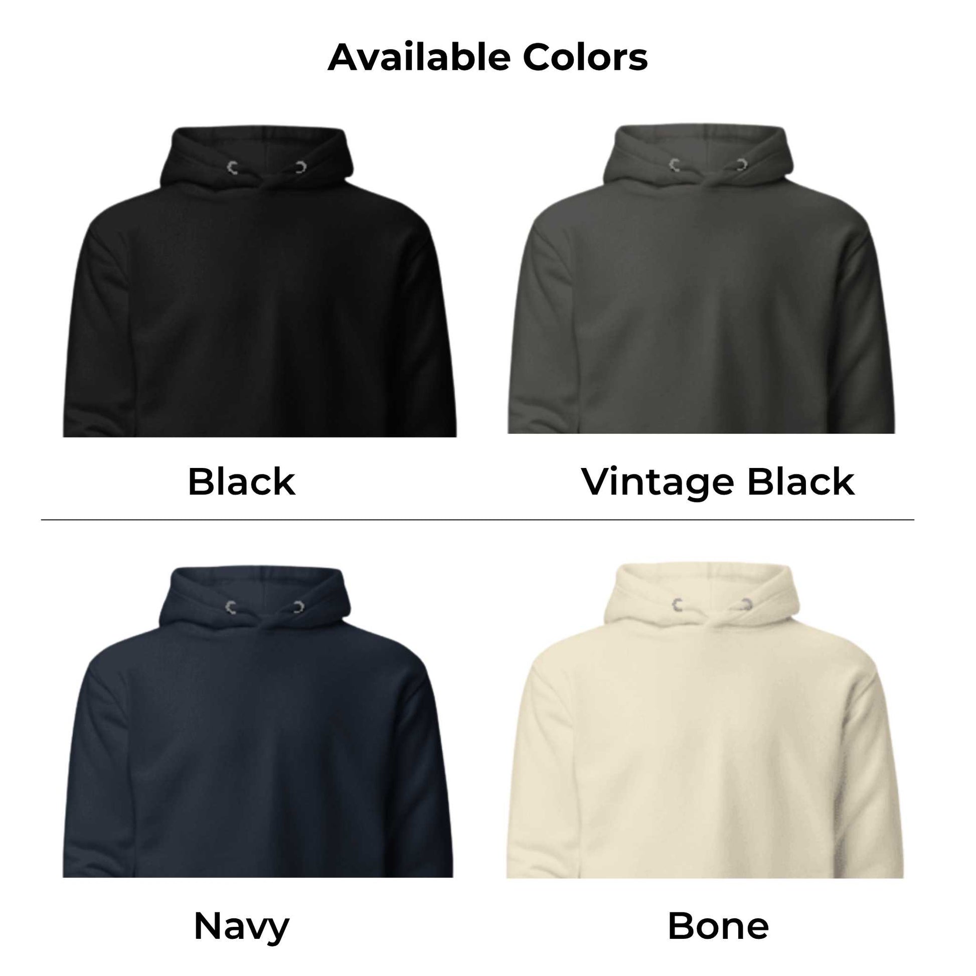 Four hoodies in black, vintage black, navy, and bone colors on a white background.