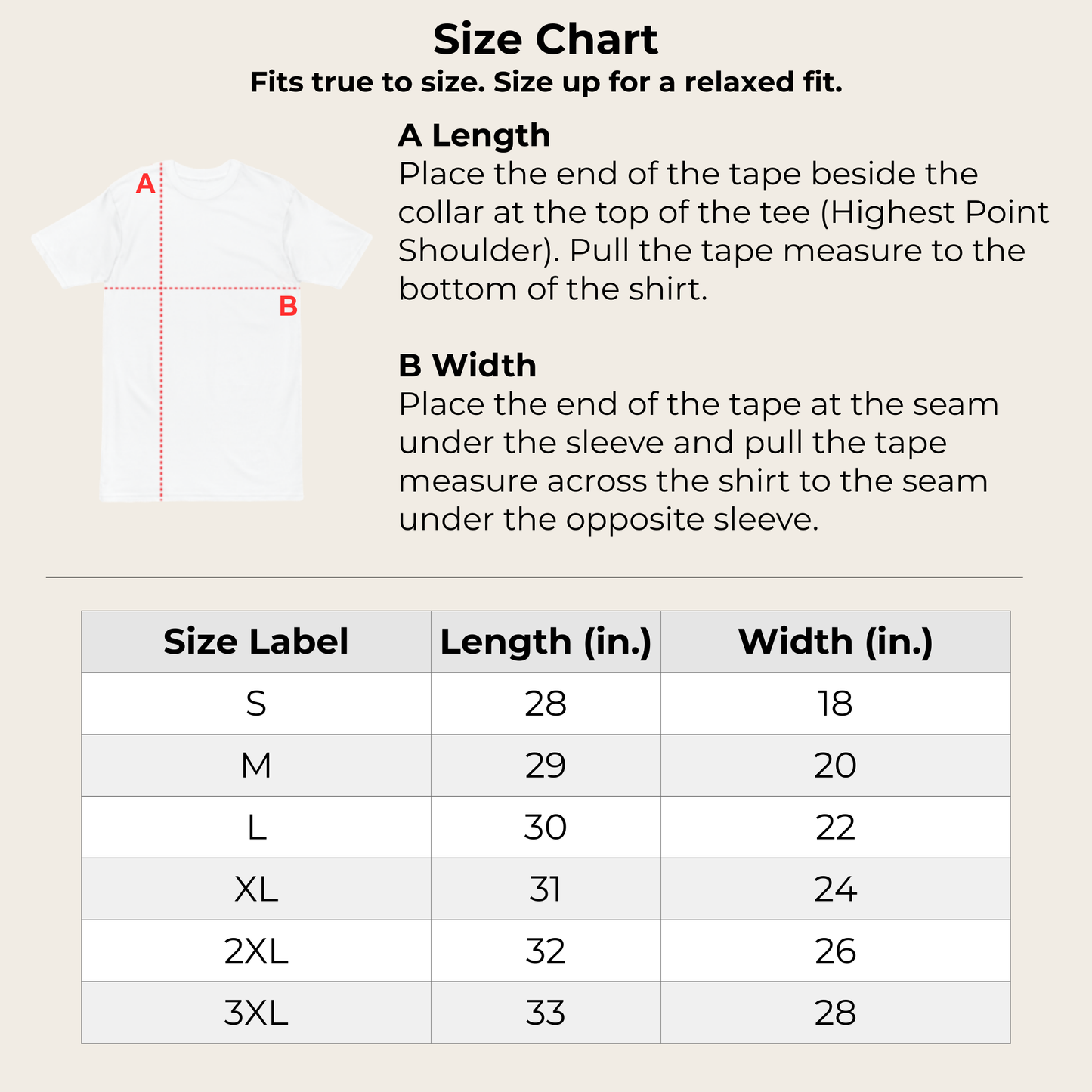 Size chart for shirts with measurement instructions, shirt diagram and a table of sizes and dimensions.