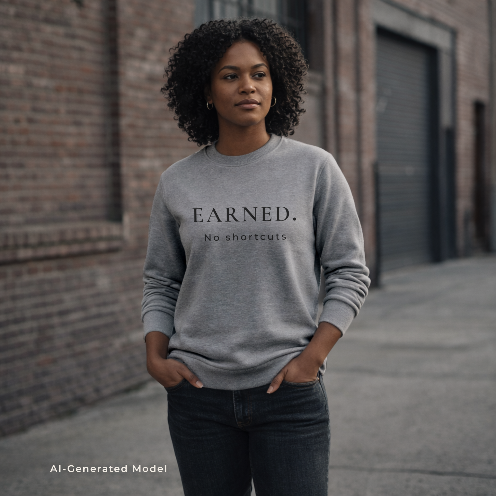 Woman wearing a gray crewneck sweatshirt with 'EARNED. No shortcuts' text, standing against a brick wall.