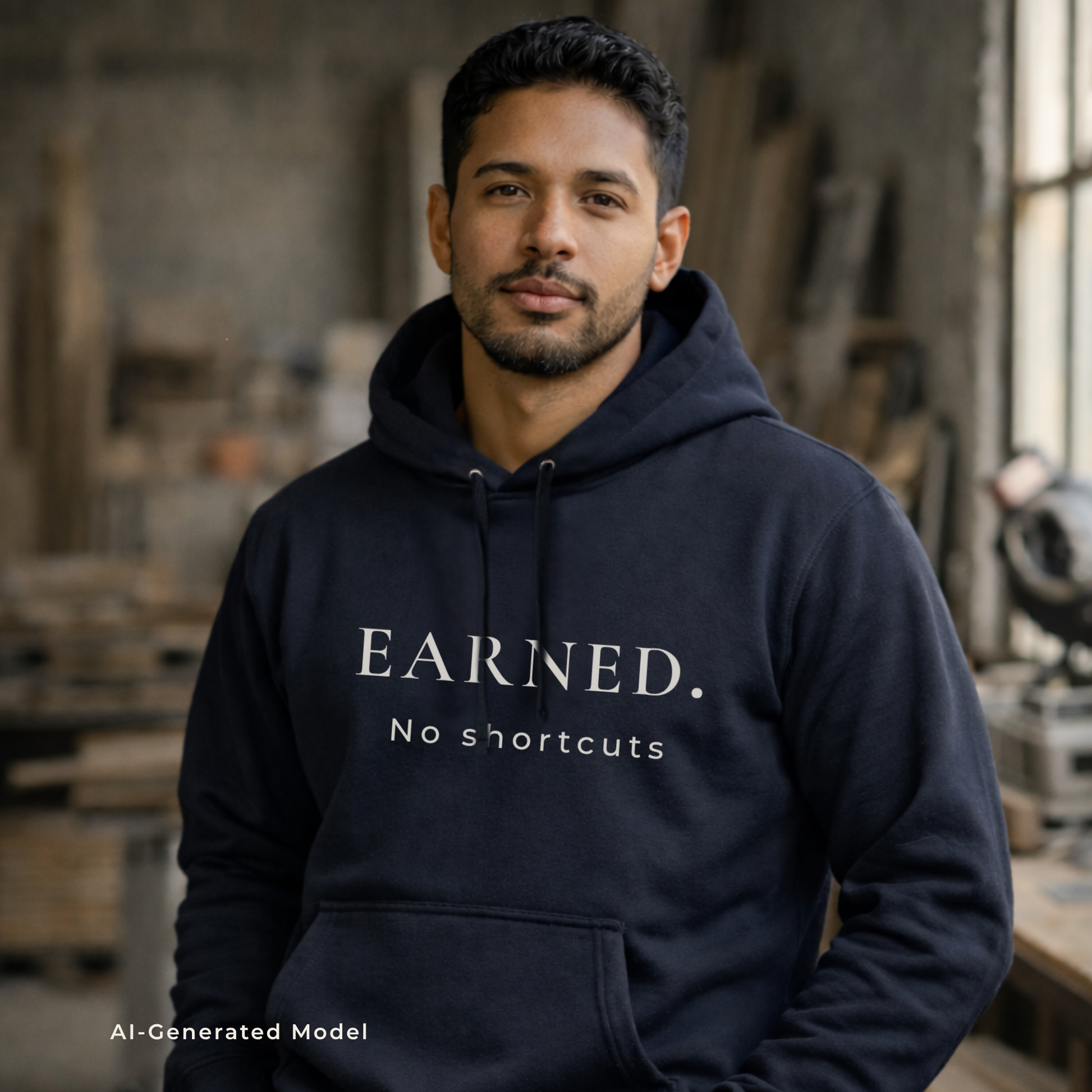 Man wearing a navy hoodie with 'Earned. No shortcuts' text in a workshop setting