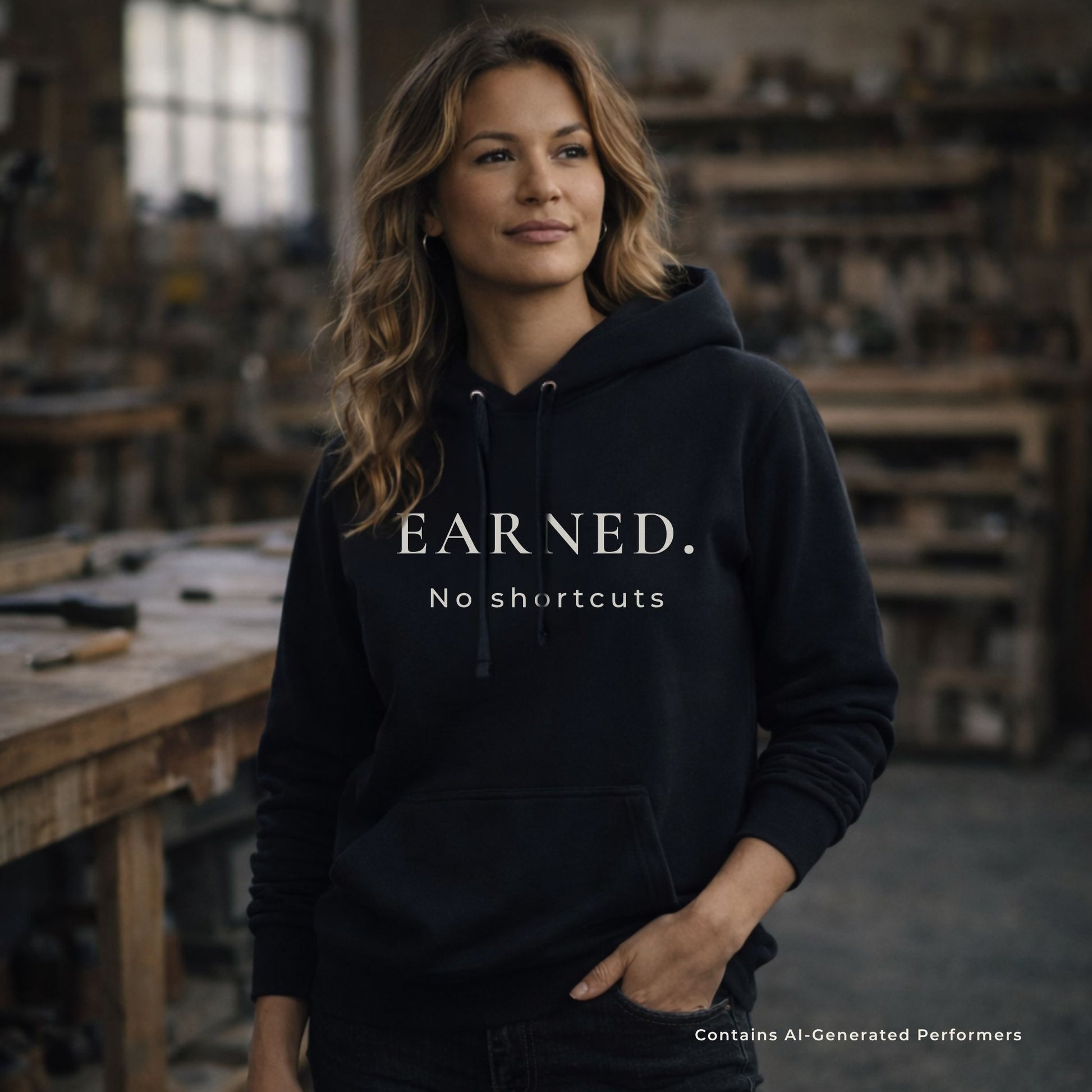 Woman wearing a black hoodie with 'Earned. No shortcuts' text in a workshop setting