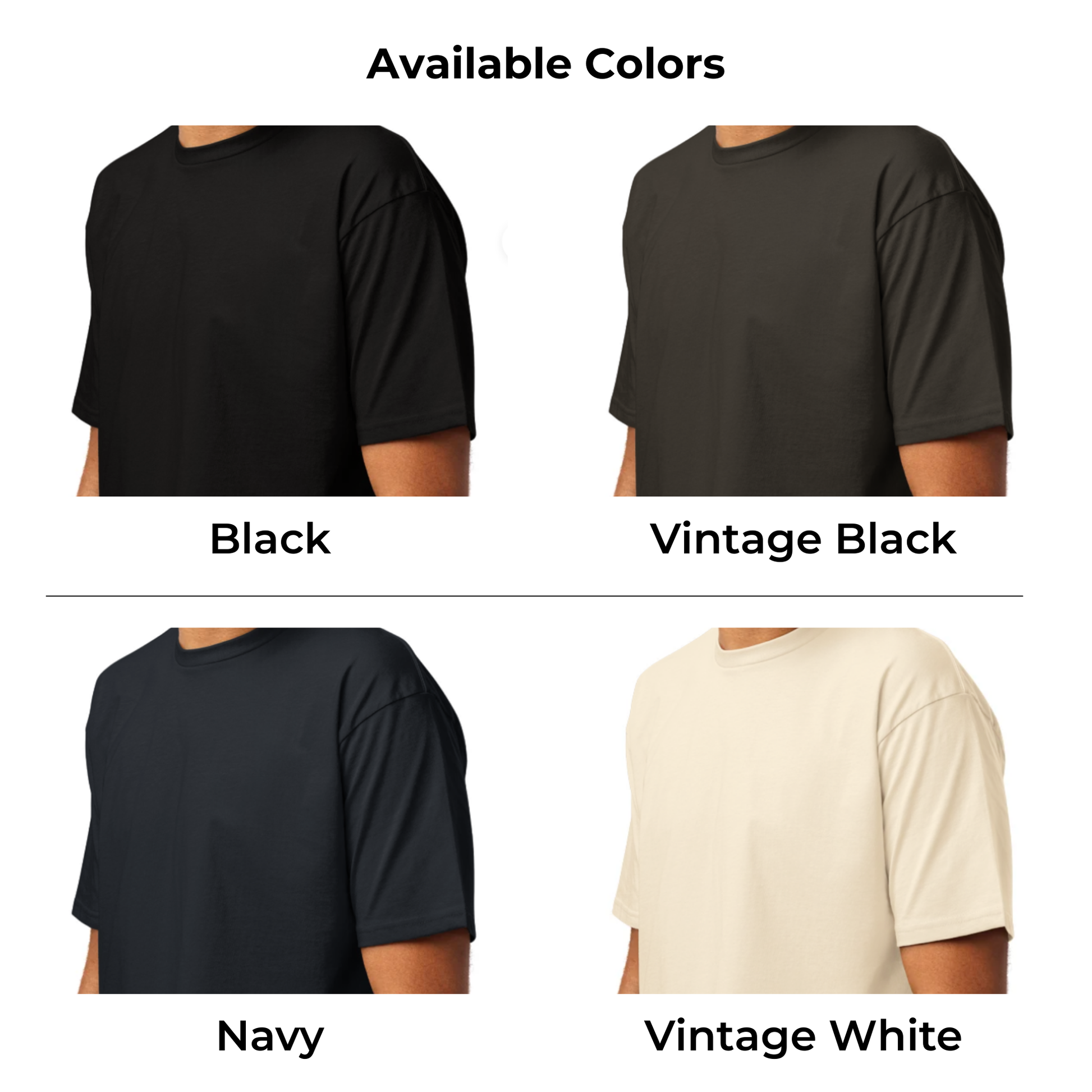 Four different color options for a shirt displayed on a person.