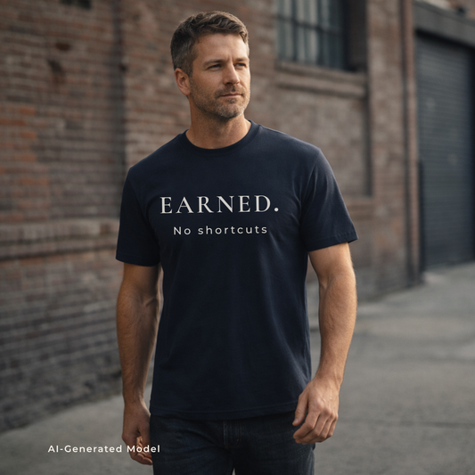 Man wearing a Navy t-shirt with 'EARNED, No shortcuts' text against a brick wall.