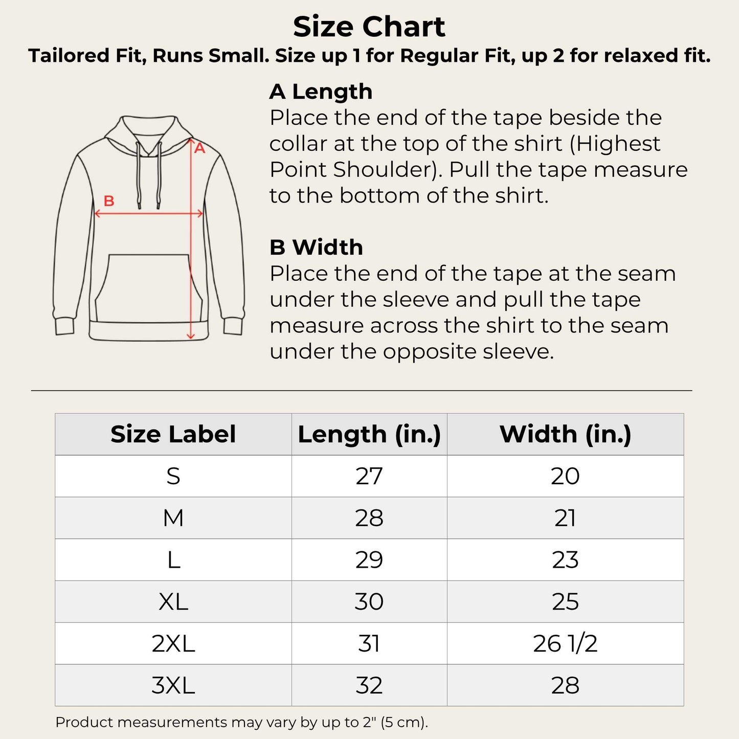 Size chart for shirts with measurement instructions and a diagram of a shirt.