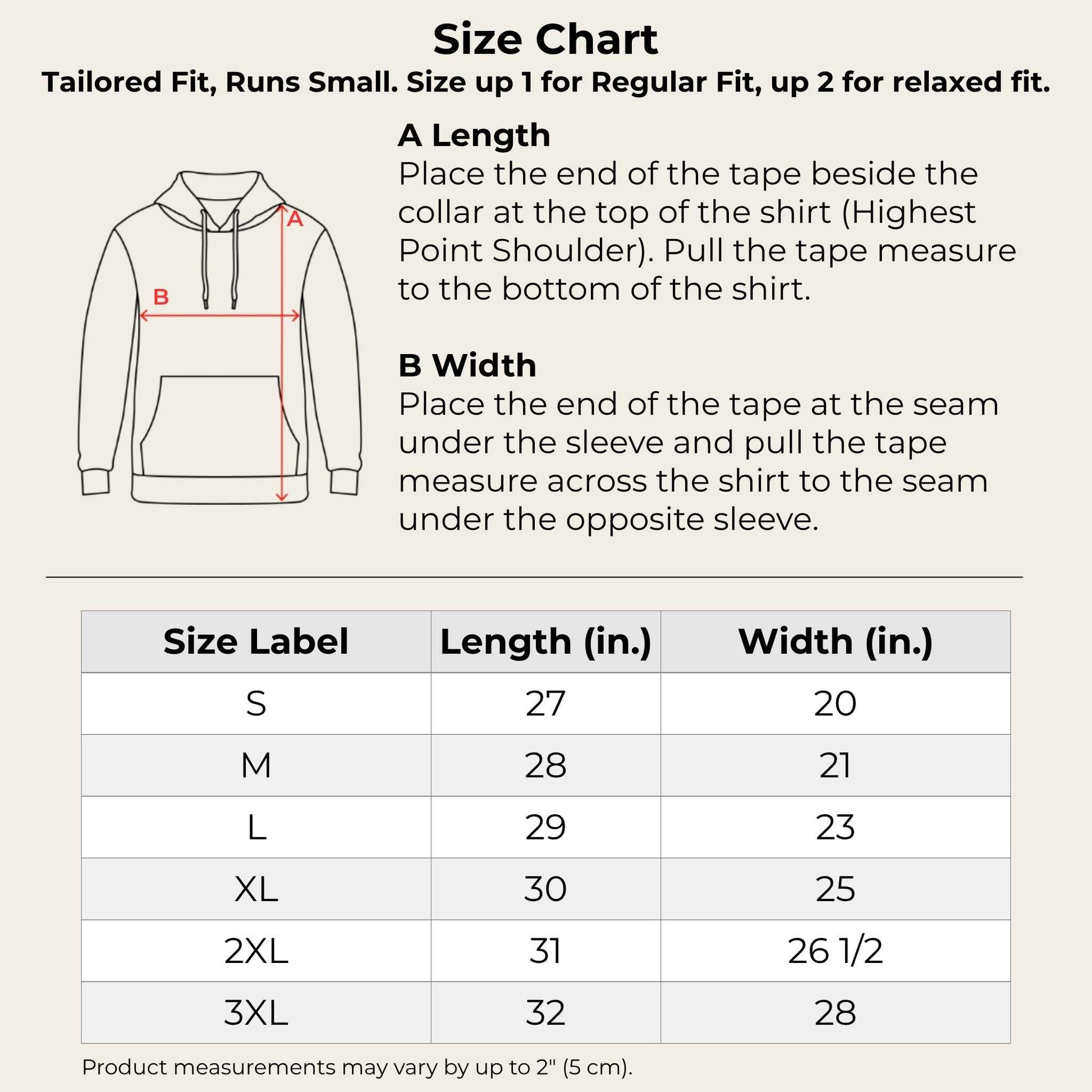 Size chart for shirts with measurement instructions and a diagram of a shirt.