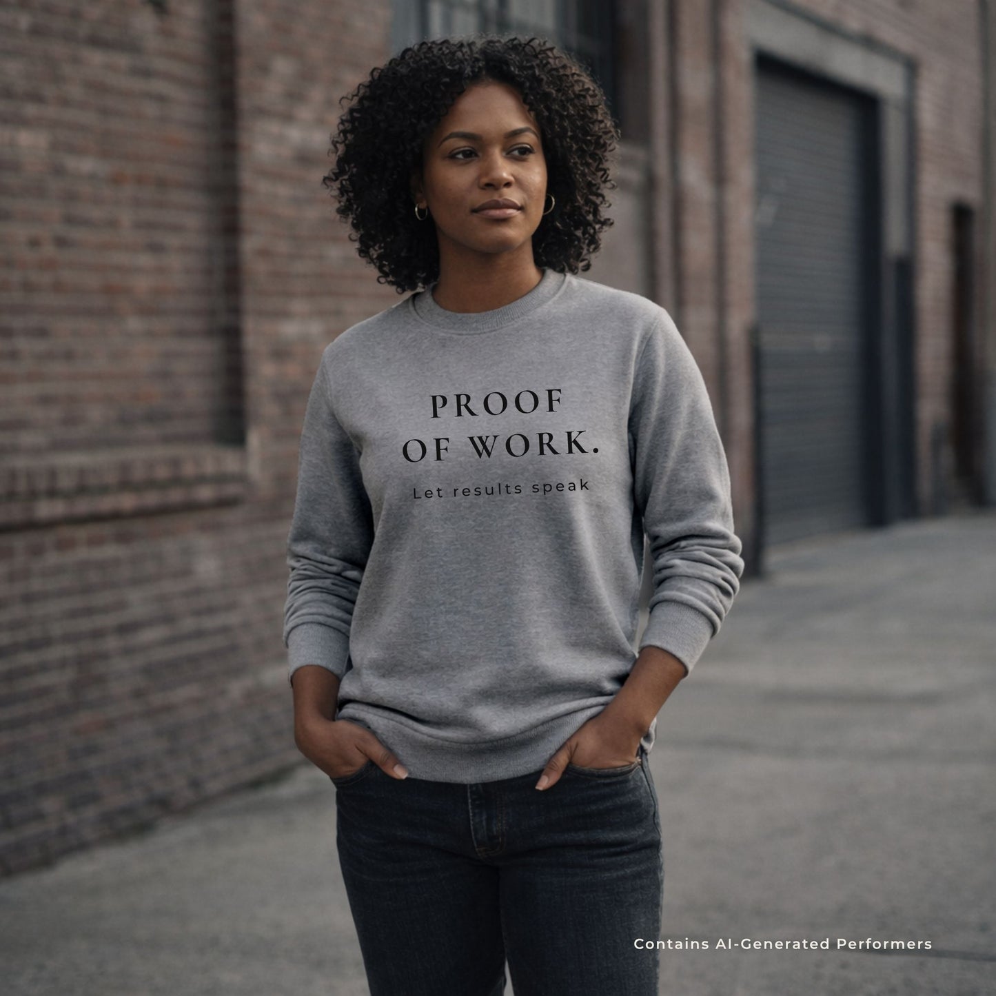 Woman wearing a gray crewneck sweatshirt with 'PROOF OF WORK. Let results speak' text, standing against a brick wall.