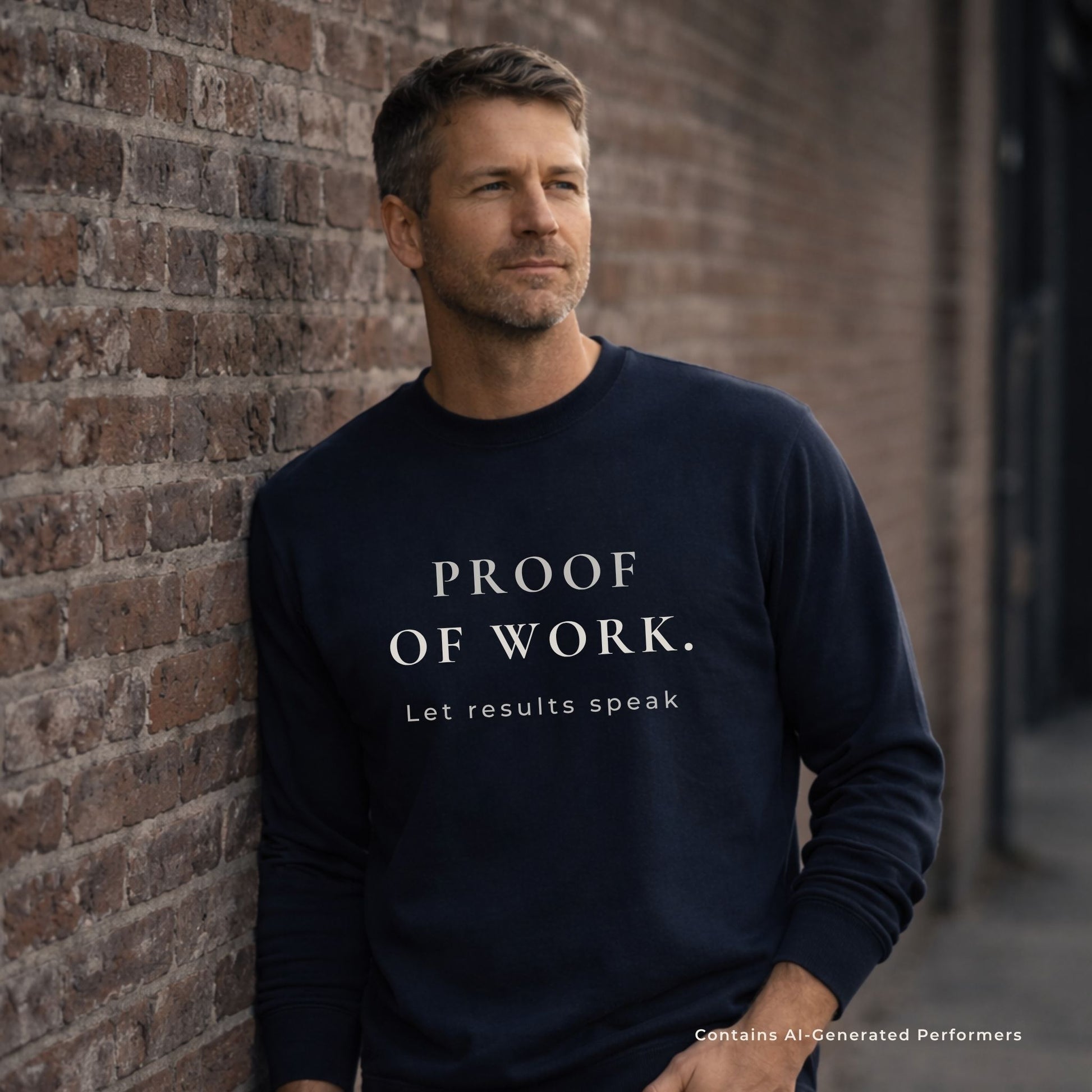 Man wearing a navy blue crewneck sweatshirt with 'PROOF OF WORK. Let results speak' text against a brick wall.