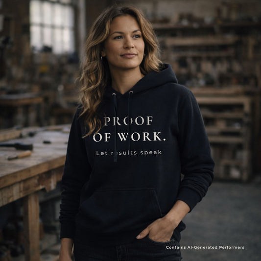 Woman wearing a black hoodie with 'PROOF OF WORK. Let results speak' text in a workshop setting.