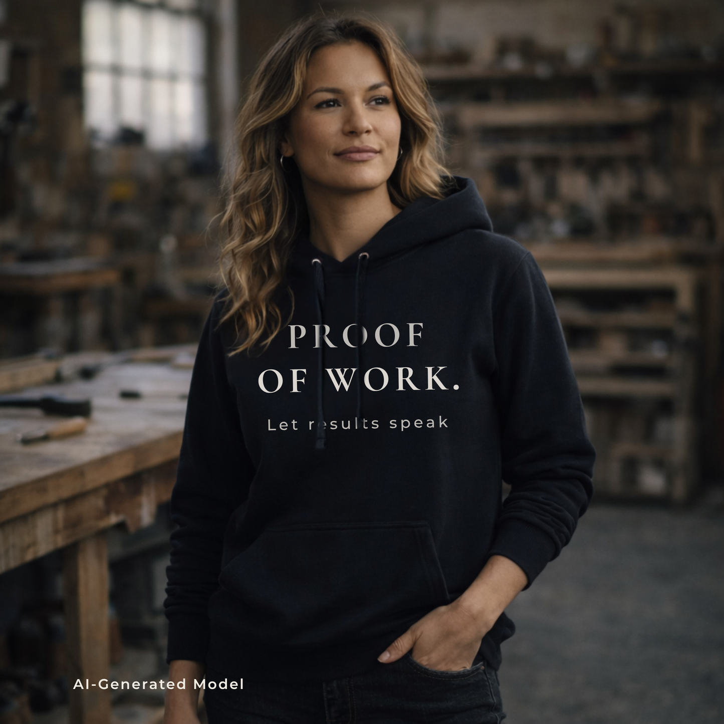 Woman wearing a black hoodie with 'PROOF OF Work, Let results speak' text in a workshop setting