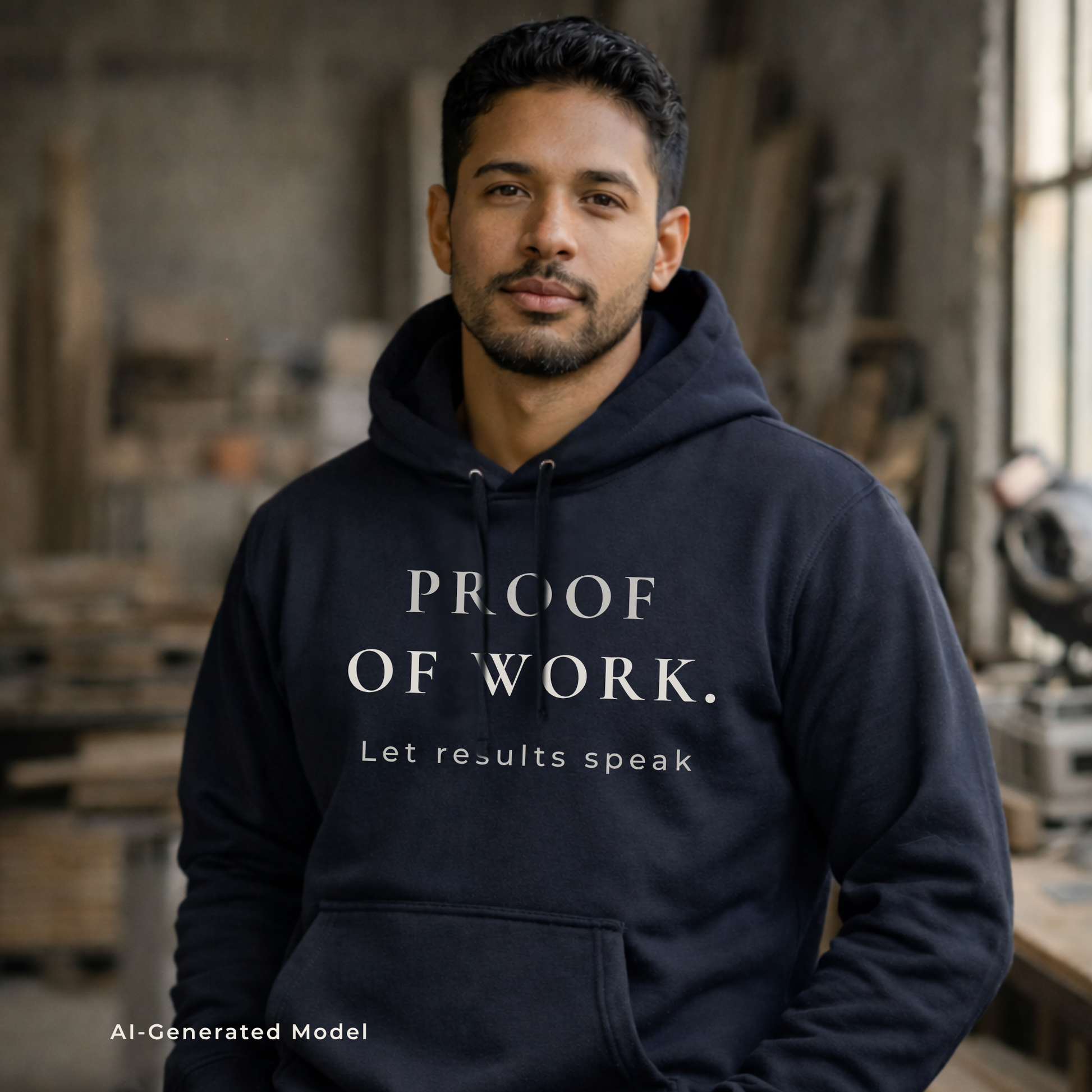 Man wearing a navy hoodie with 'PROOF OF Work, Let results speak' text in a workshop setting