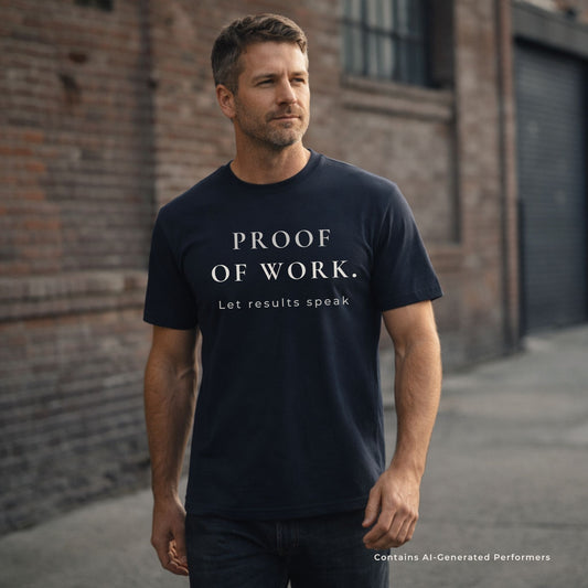 Man wearing a navy t-shirt with 'PROOF OF WORK. Let results speak' text against a brick wall.