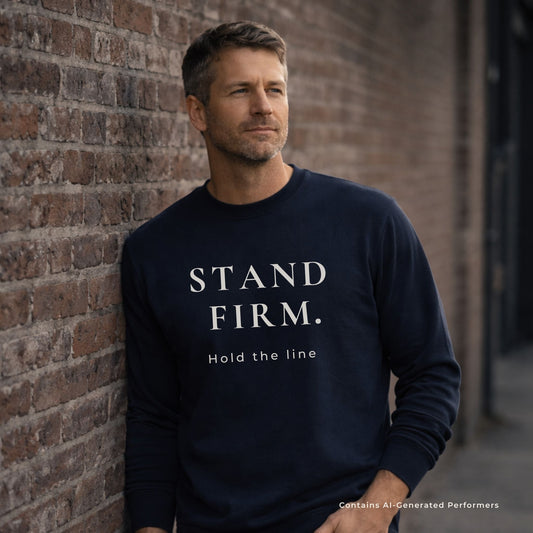 Man wearing a navy blue crewneck sweatshirt with 'STAND FIRM, Hold the line' text against a brick wall.