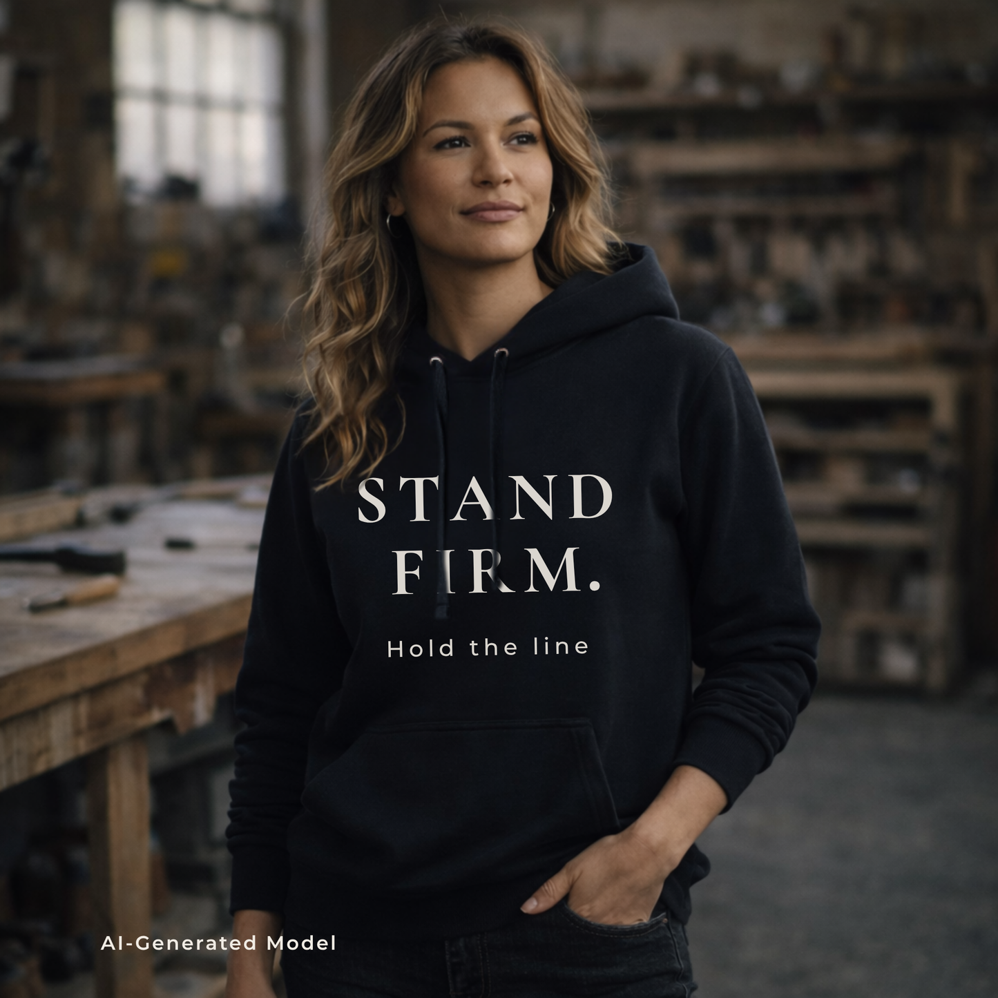Woman wearing a black hoodie with 'STAND FIRM. Hold the line' text in a workshop setting