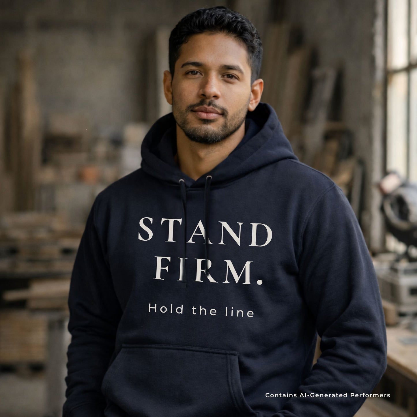 Man wearing a navy hoodie with 'STAND FIRM. Hold the line' text in a workshop setting