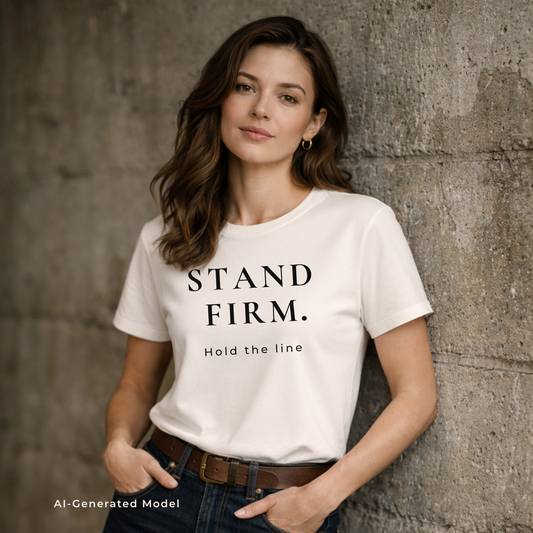 Woman wearing a Vintage White t-shirt with 'STAND FIRM. Hold the line' text against a brick wall.