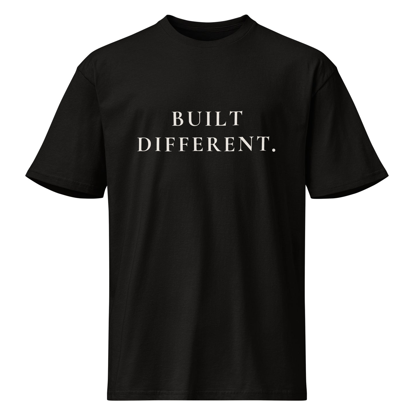 Product mockup of a black t-shirt with 'BUILT DIFFERENT' text on a white background