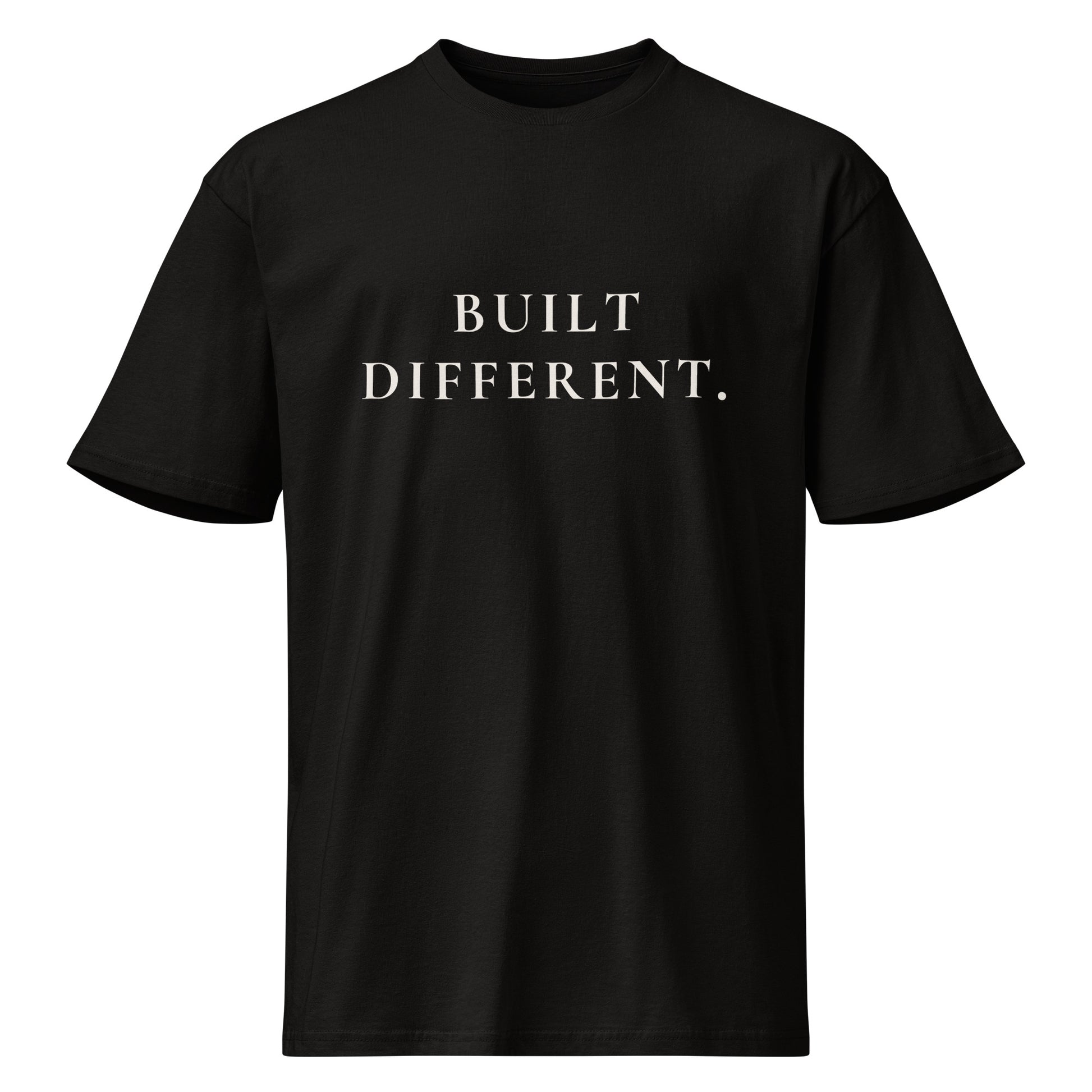 Product mockup of a black t-shirt with 'BUILT DIFFERENT' text on a white background