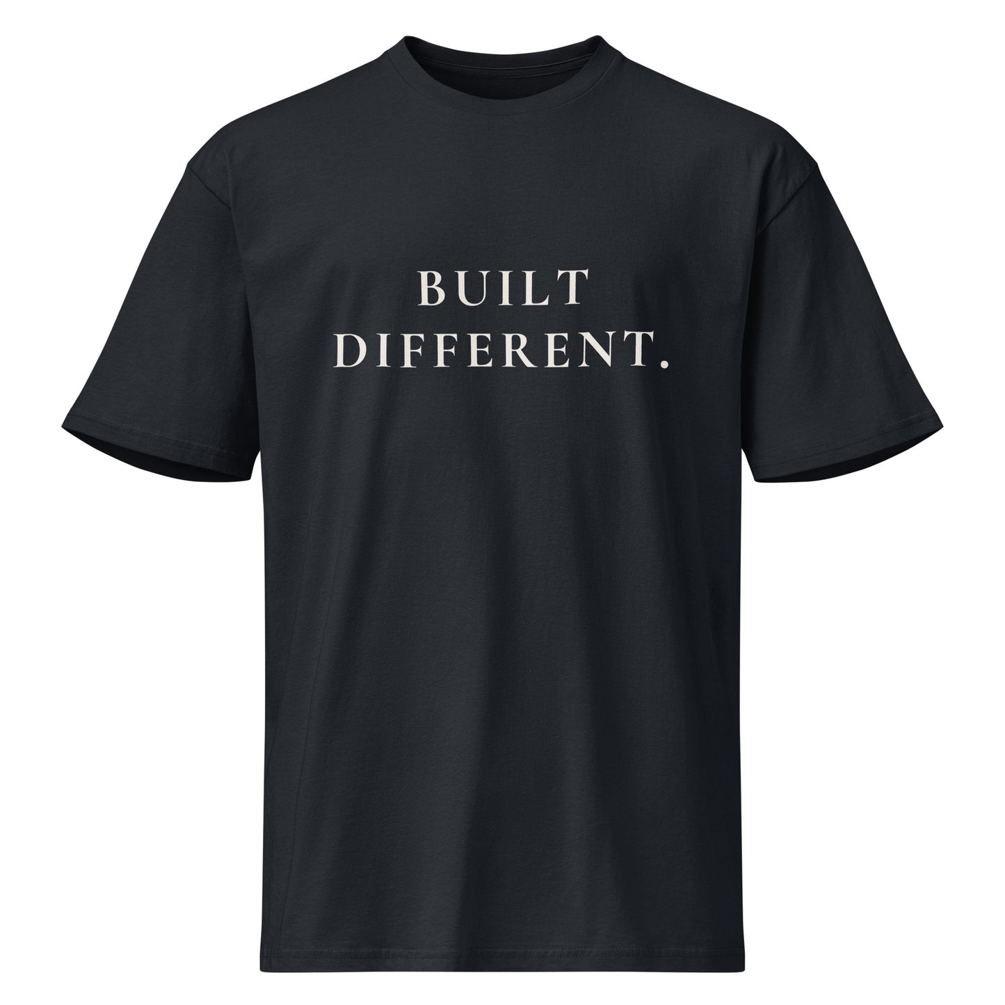 Product mockup of a navy blue t-shirt with 'BUILT DIFFERENT' text on a white background