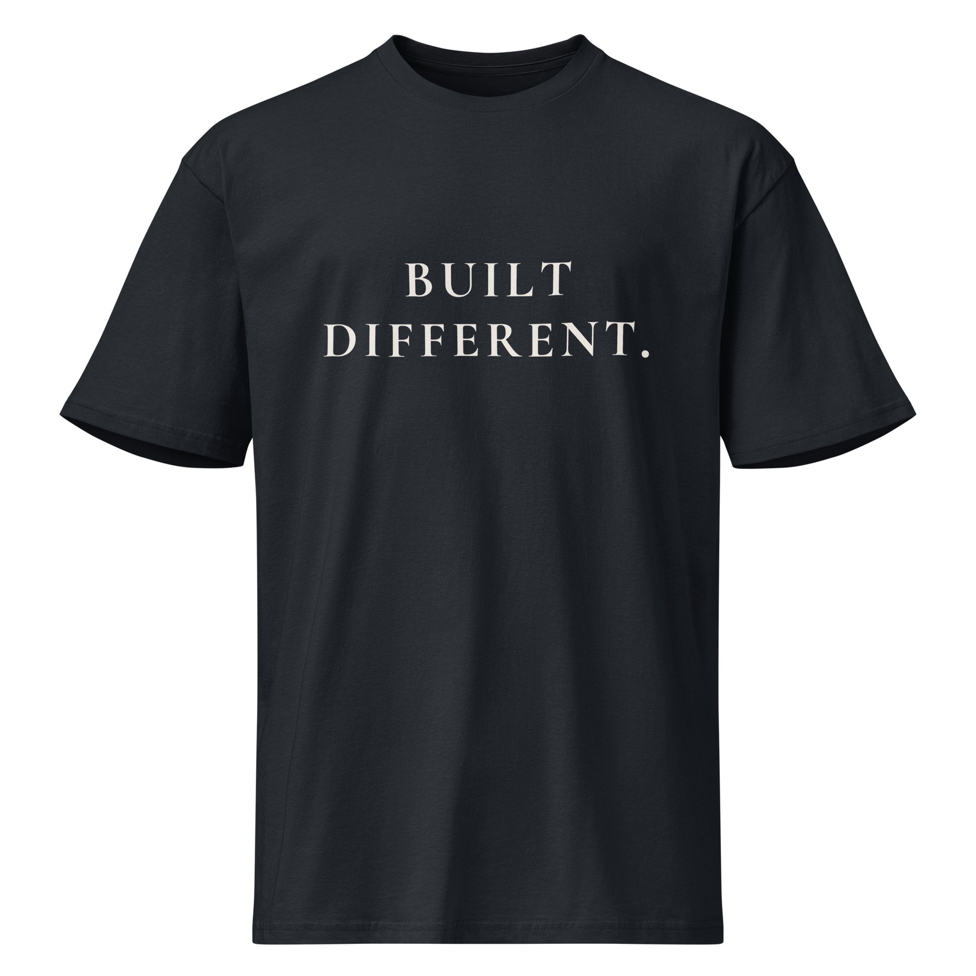 Product mockup of a navy blue t-shirt with 'BUILT DIFFERENT' text on a white background