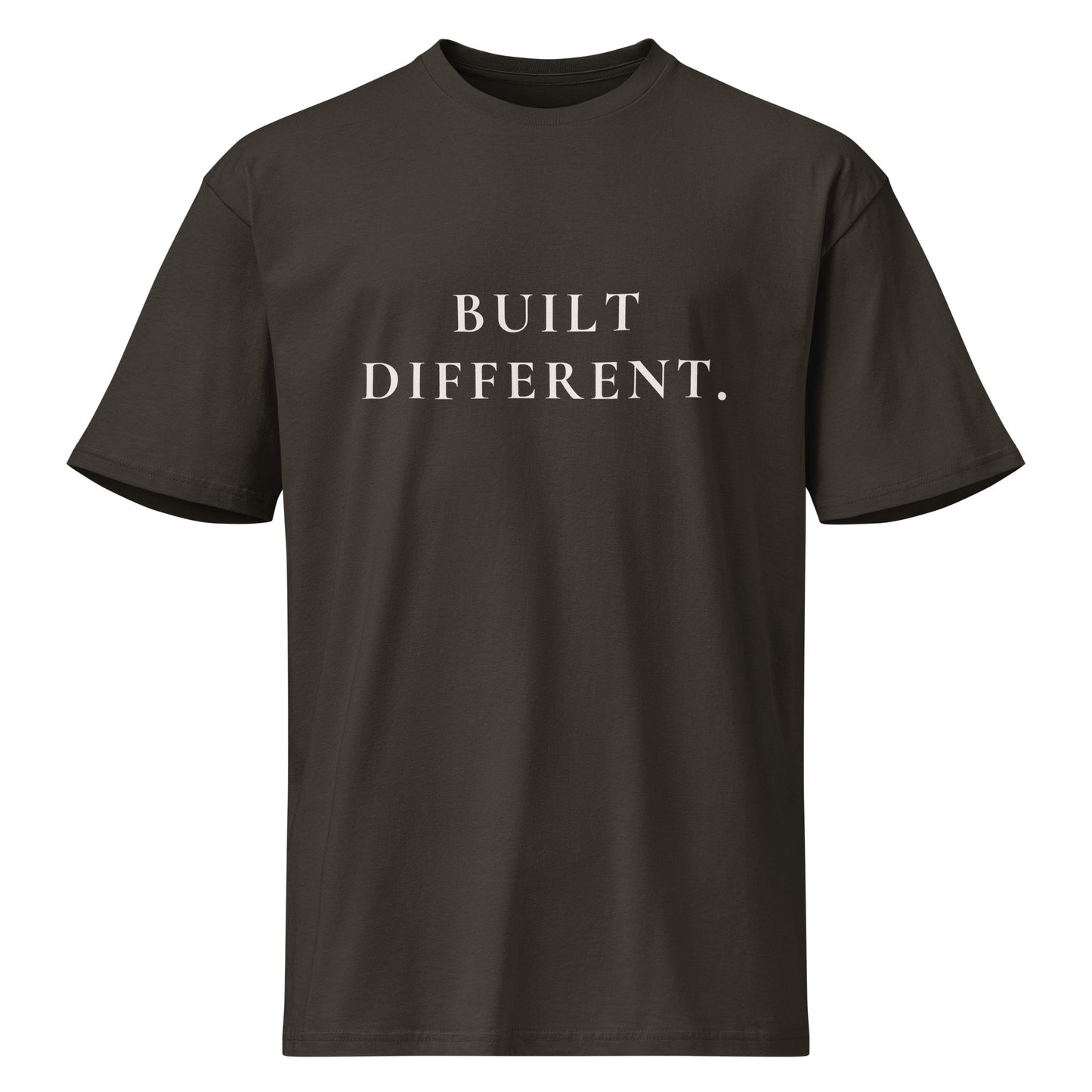 Product mockup of a vintage black t-shirt with 'BUILT DIFFERENT' text on a white background