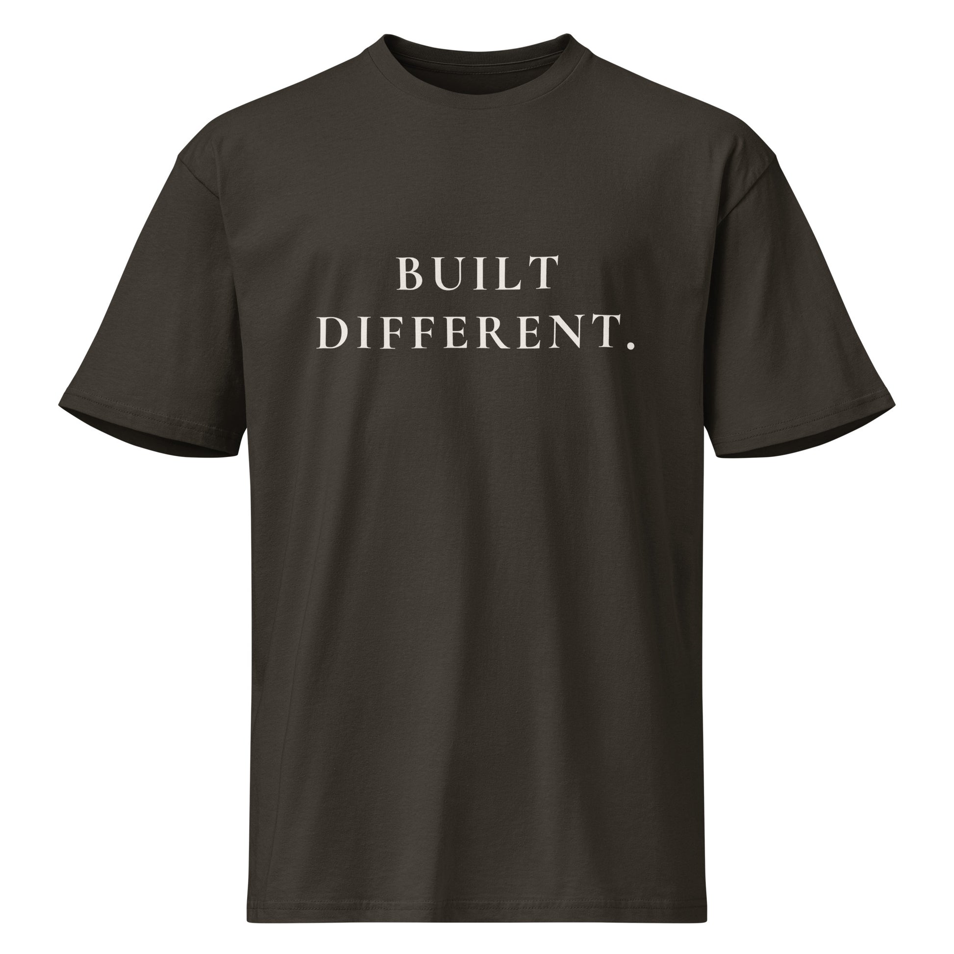 Product mockup of a vintage black t-shirt with 'BUILT DIFFERENT' text on a white background