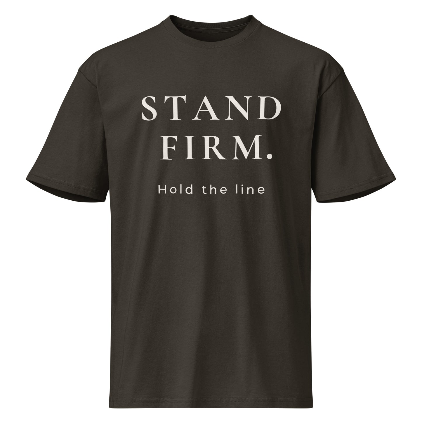 Product mockup of vintage black t-shirt with 'STAND FIRM. Hold the line' text on a white background.