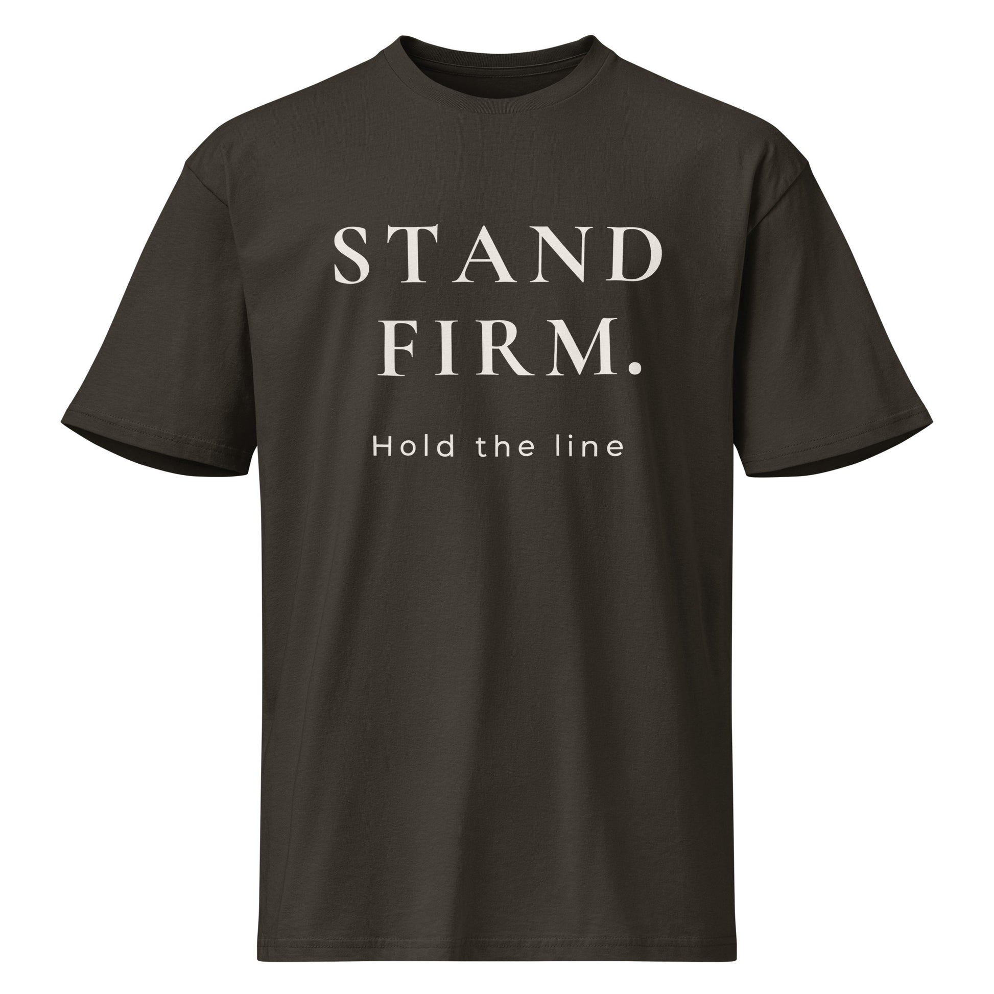 Product mockup of vintage black t-shirt with 'STAND FIRM. Hold the line' text on a white background.